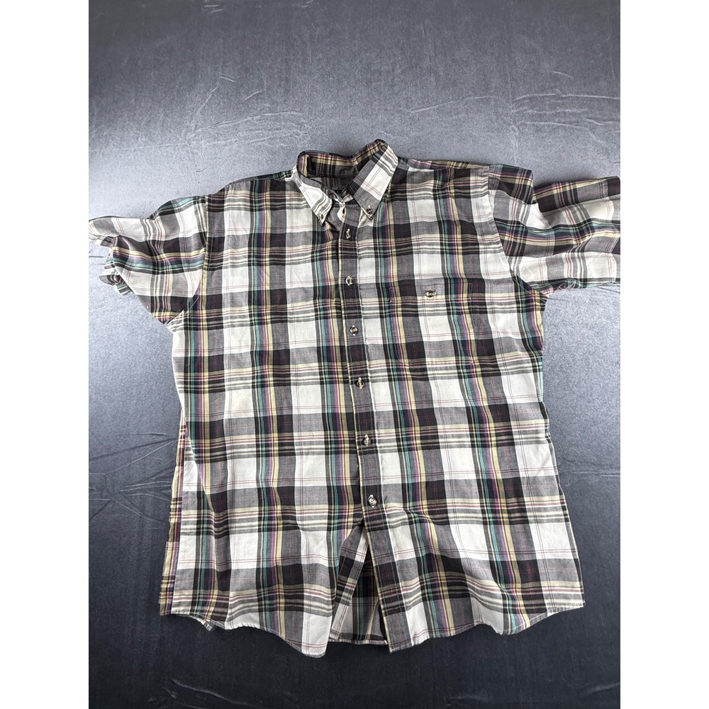 Anchor Bay Men's Large Plaid Button Front Shirt Short Sleeve Gray Casual Cotton